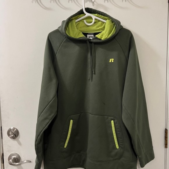 Russell Mens Army Green Fleece Drawstring Hoodie Sweater Jacket Size XLarge - Picture 3 of 10